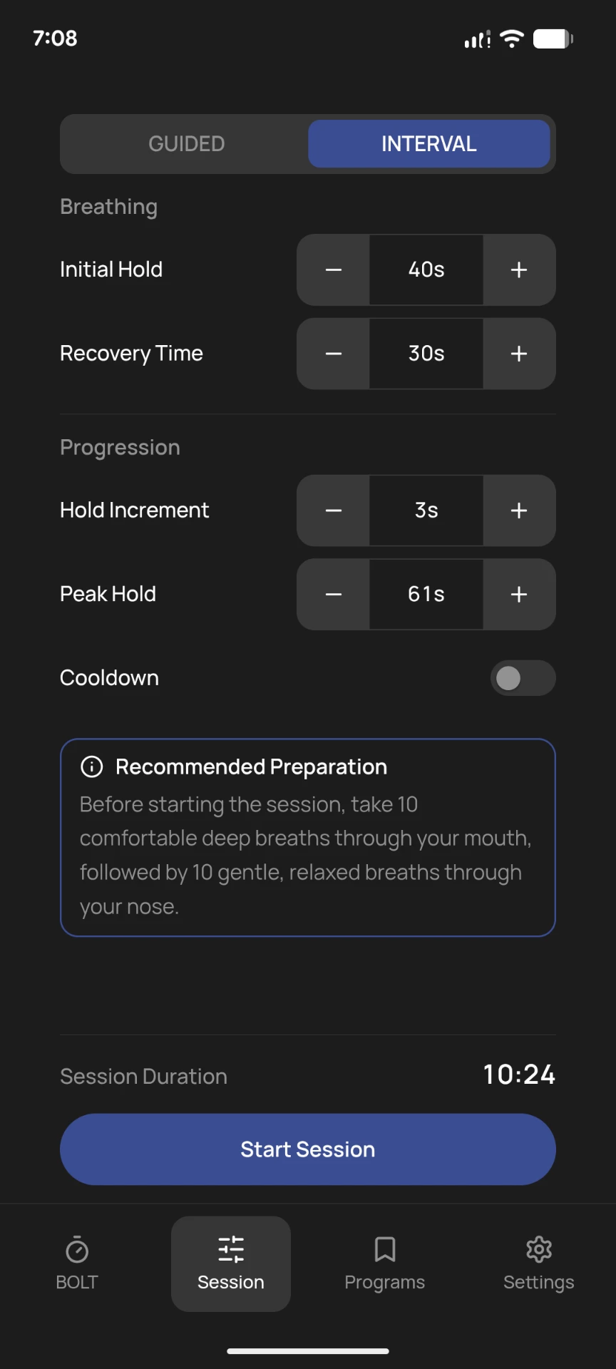 ParaBOLT INTERVAL session configuration screen
